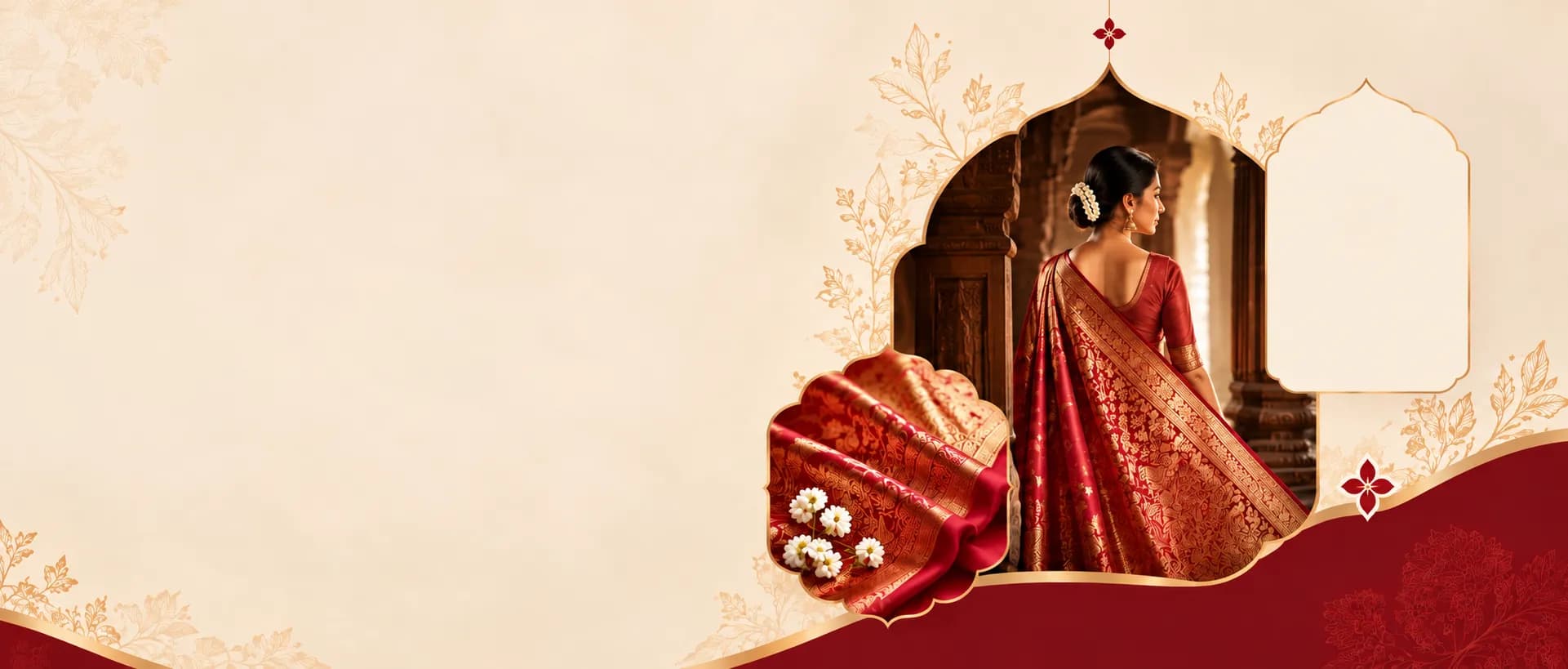Woman in a red silk saree inside a carved wooden archway