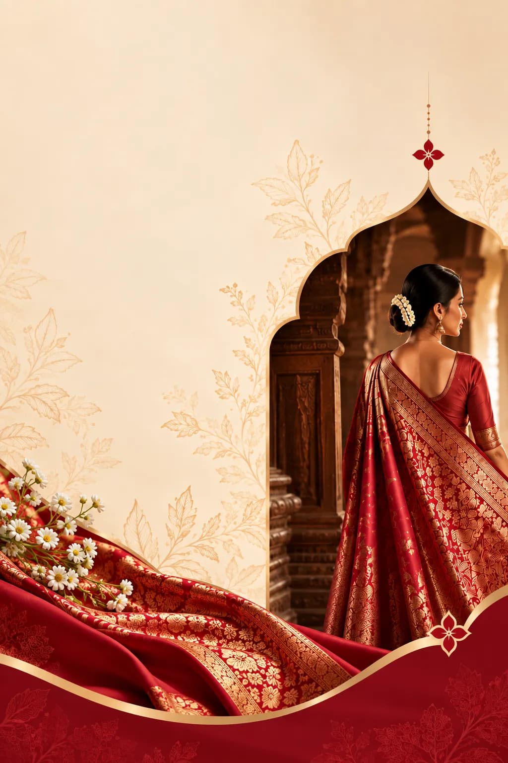 Woman in a red silk saree inside a carved wooden archway